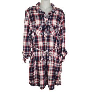 Tommy Hilfiger Shirt Dress Large Red Blue Plaid Long Tab Sleeve Tie Belt Pockets